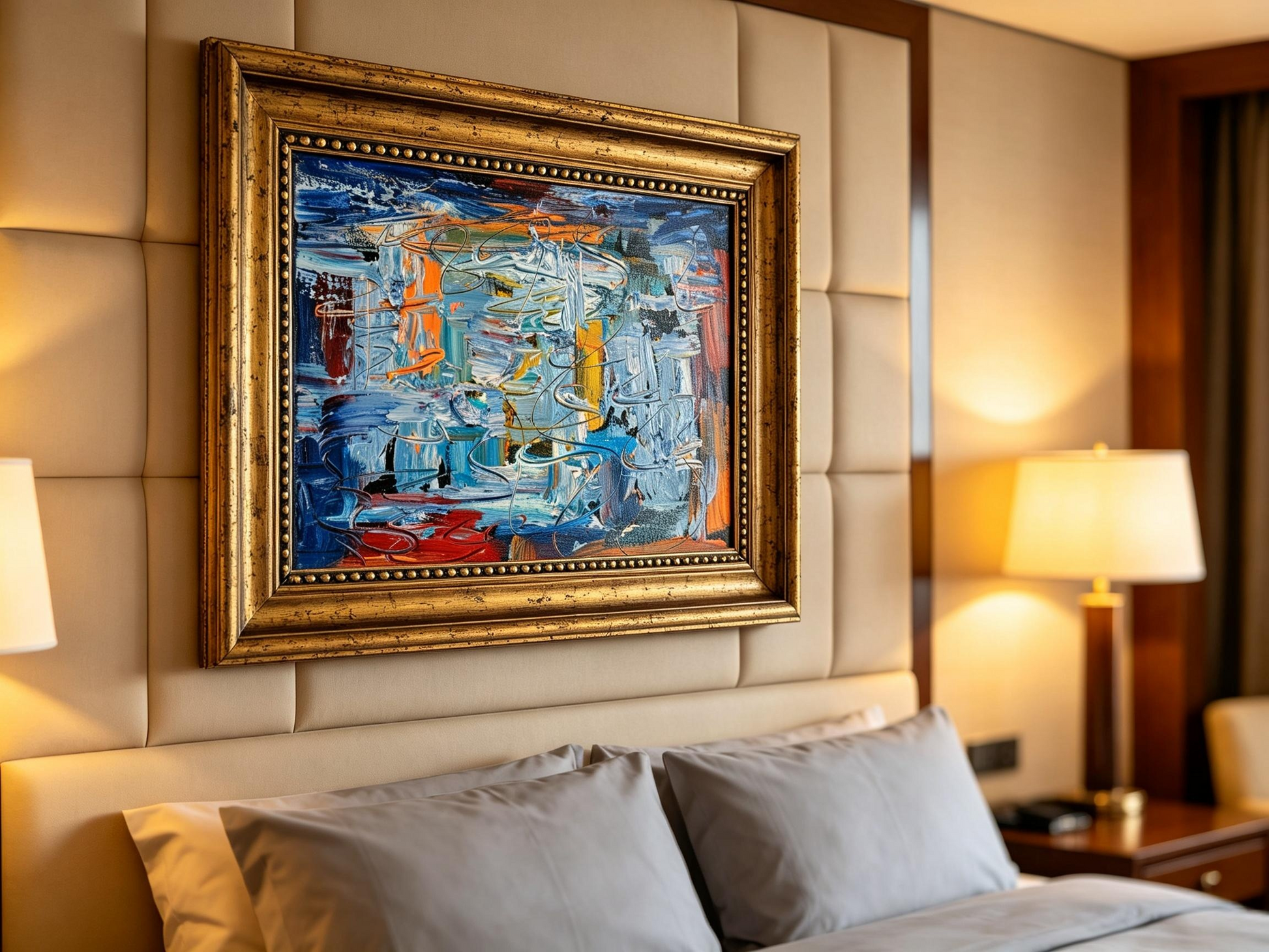 Blue abstract oil painting with white sweeping strokes and orange line accents