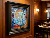 Blue abstract oil painting with white sweeping strokes and orange line accents
