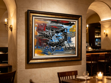 Abstract oil painting with black and blue strokes and looping white lines