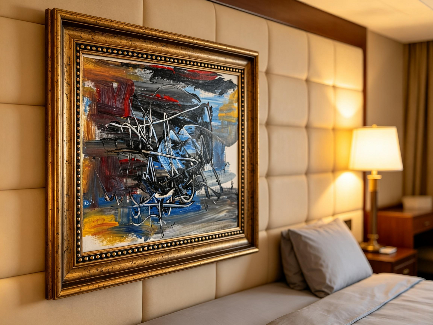 Abstract oil painting with black and blue strokes and looping white lines