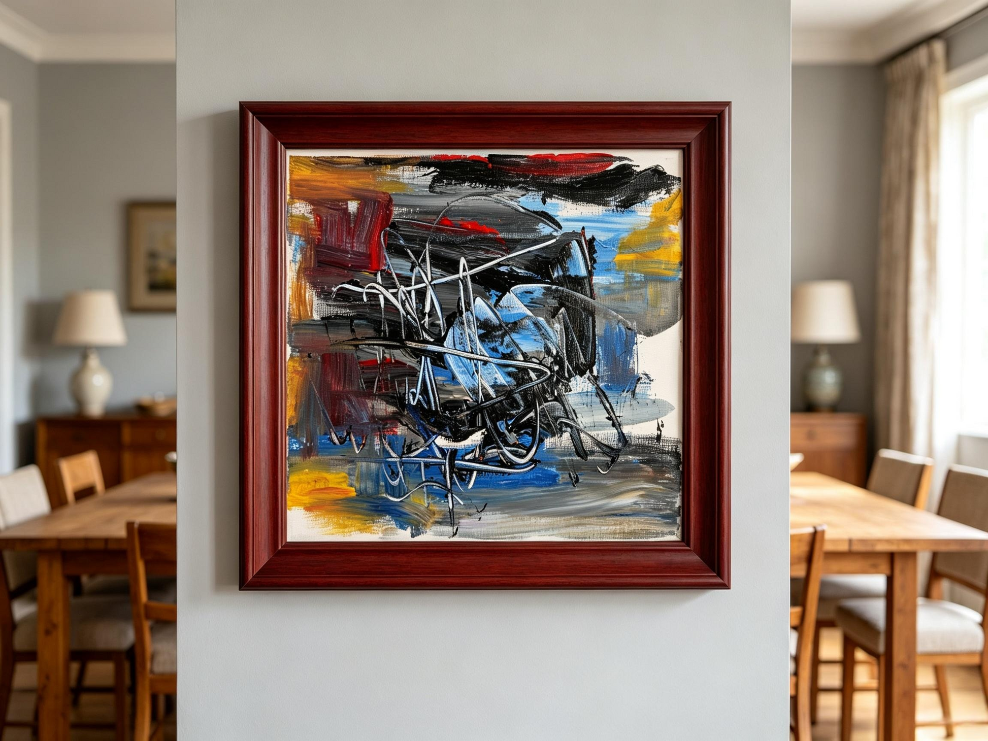 Abstract oil painting with black and blue strokes and looping white lines
