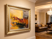 Abstract oil painting in soft brown, purple, and warm orange blended tones