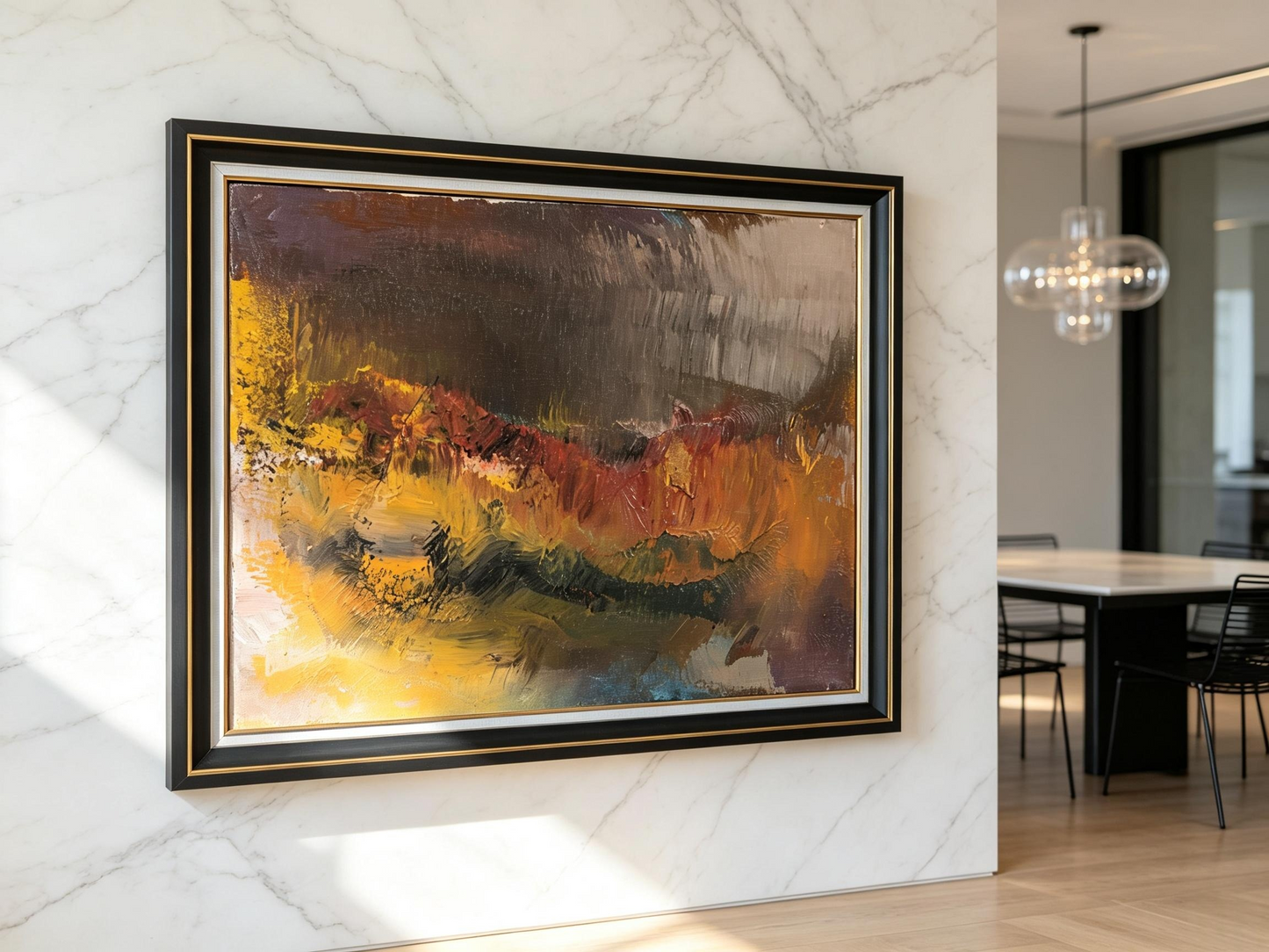 Abstract oil painting in soft brown, purple, and warm orange blended tones