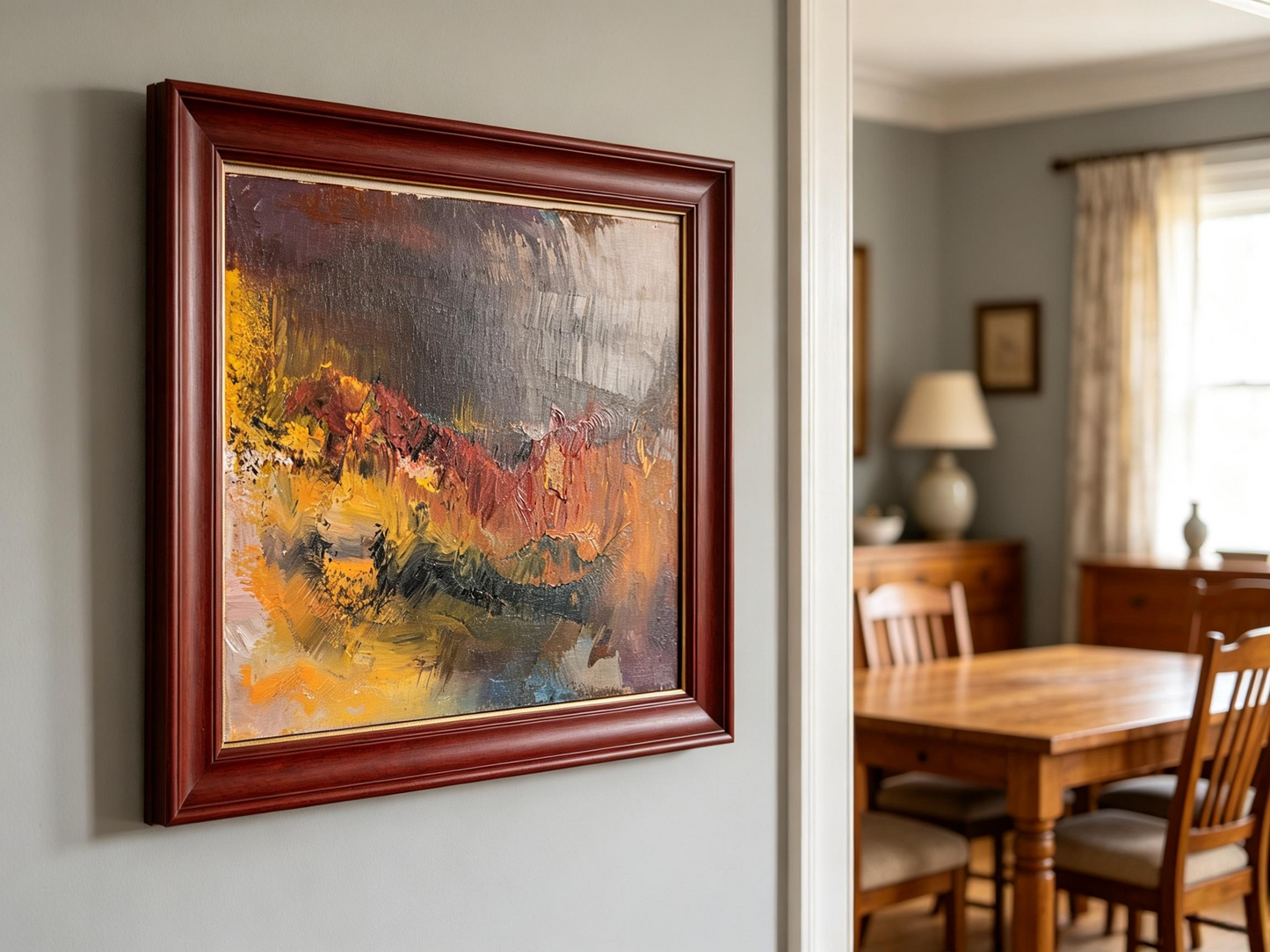 Abstract oil painting in soft brown, purple, and warm orange blended tones