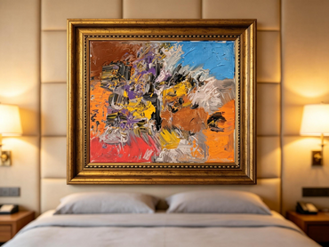 Abstract oil painting with orange ground, black and purple strokes, and blue accent