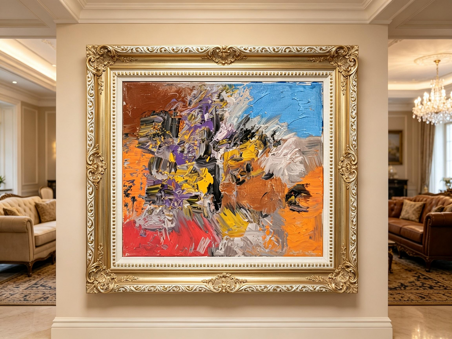 Abstract oil painting with orange ground, black and purple strokes, and blue accent