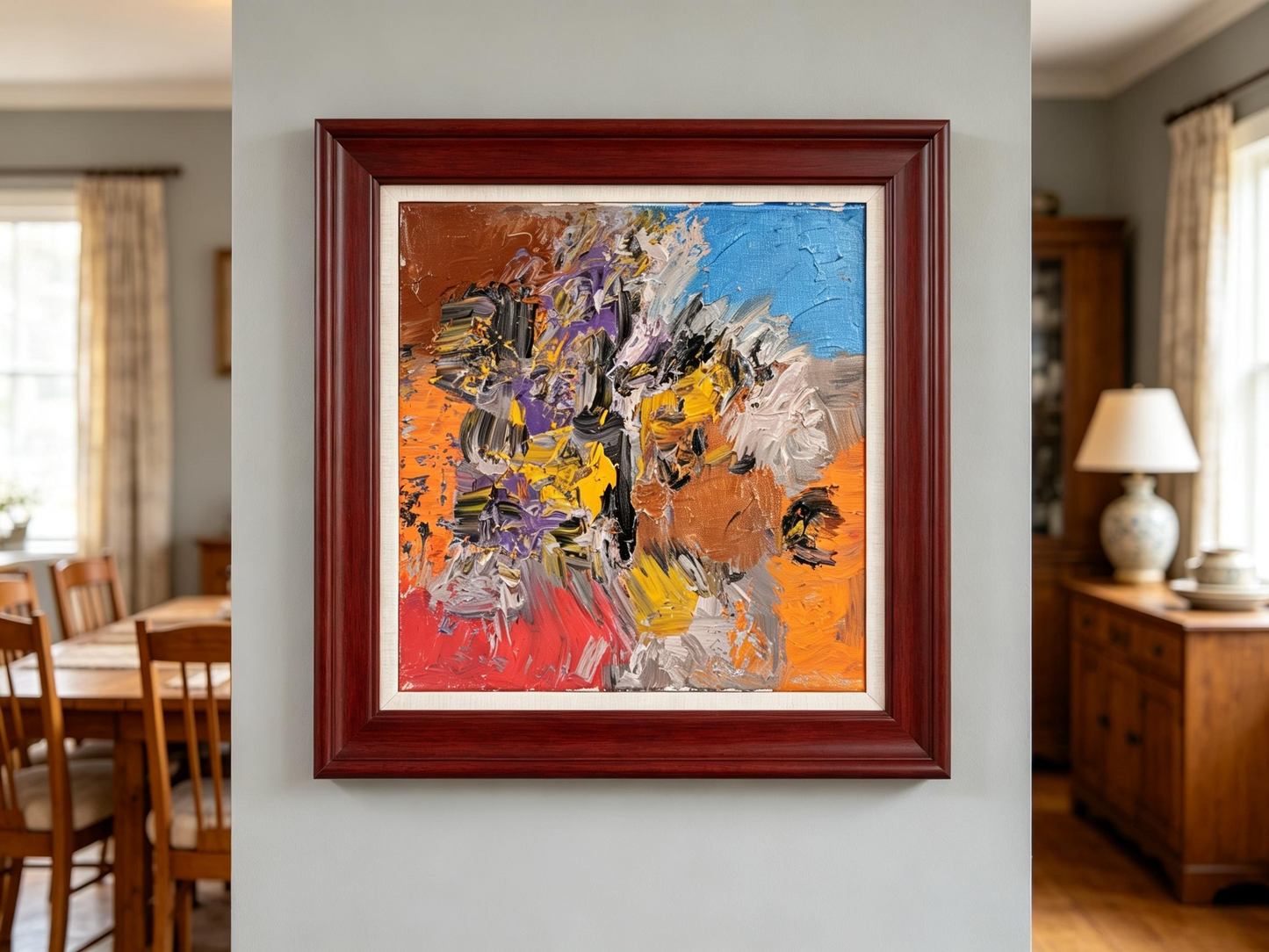Abstract oil painting with orange ground, black and purple strokes, and blue accent