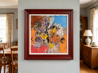 Abstract oil painting with orange ground, black and purple strokes, and blue accent