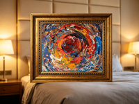 Abstract oil painting with swirling red, blue, and yellow brushstrokes forming a central vortex