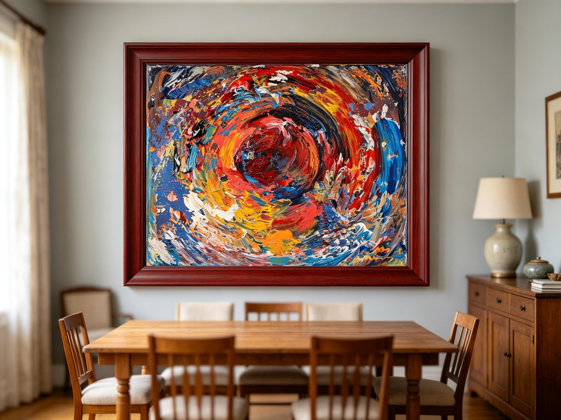 Abstract oil painting with swirling red, blue, and yellow brushstrokes forming a central vortex