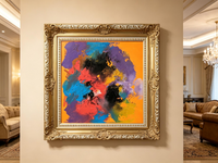 Abstract oil painting with purple, red, and blue color blocks on a warm orange background