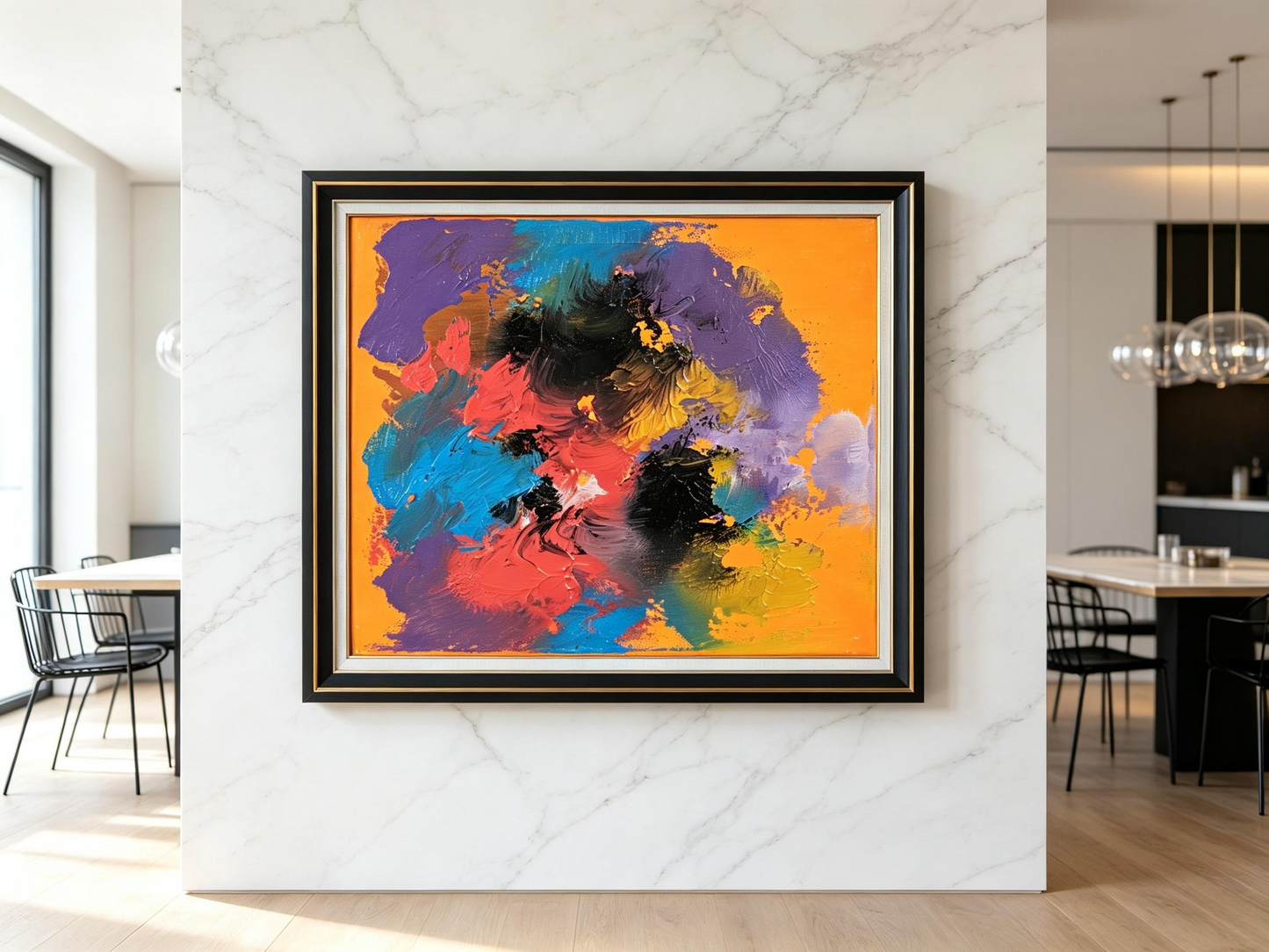 Abstract oil painting with purple, red, and blue color blocks on a warm orange background