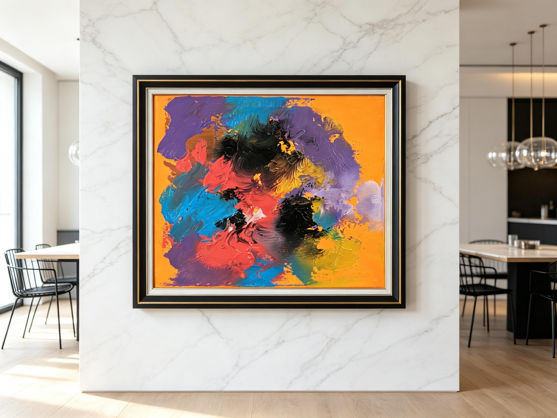 Abstract oil painting with purple, red, and blue color blocks on a warm orange background