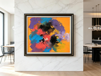 Abstract oil painting with purple, red, and blue color blocks on a warm orange background