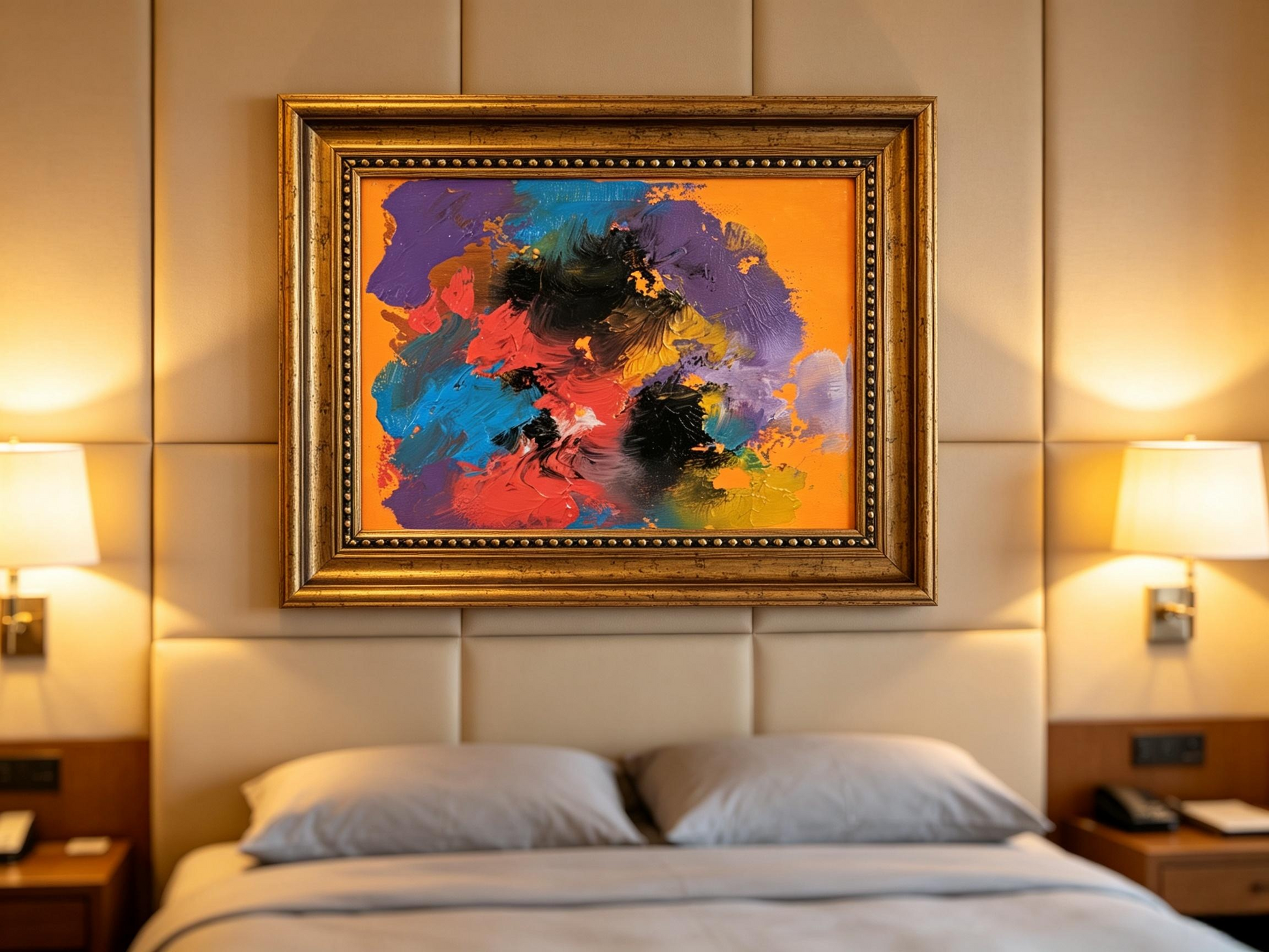 Abstract oil painting with purple, red, and blue color blocks on a warm orange background