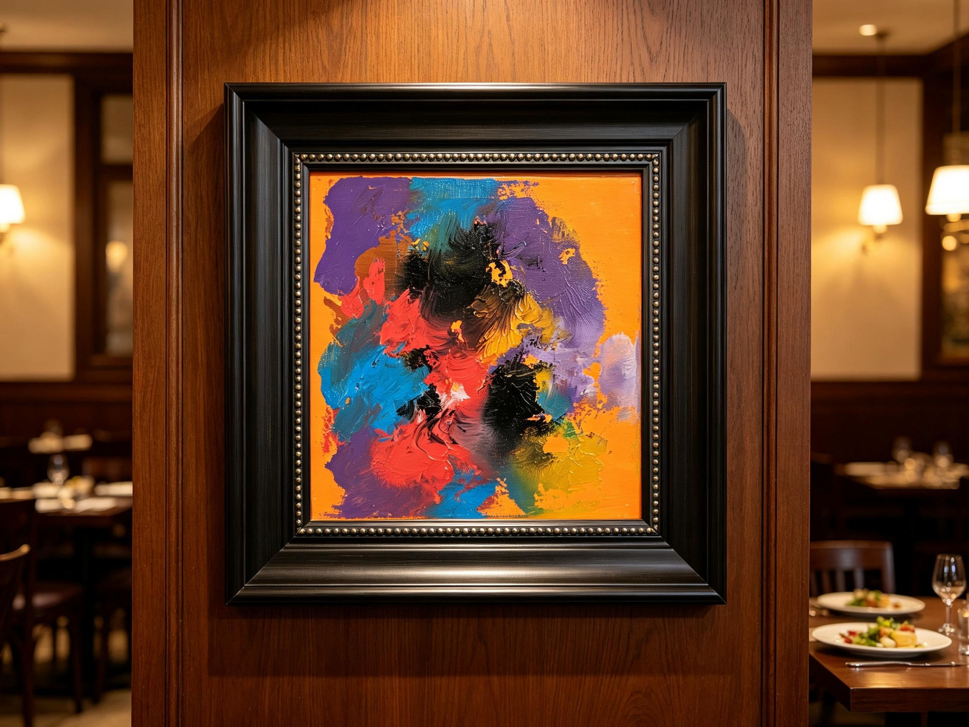 Abstract oil painting with purple, red, and blue color blocks on a warm orange background