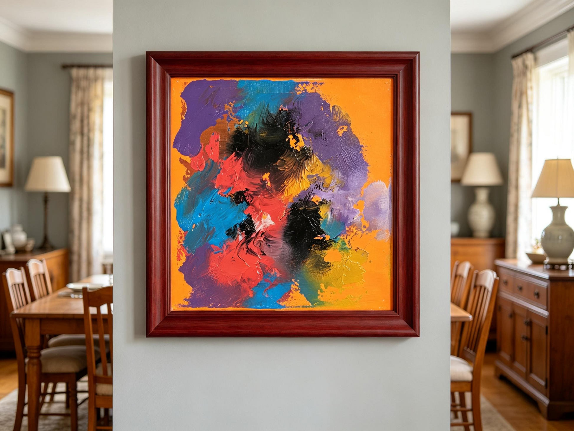Abstract oil painting with purple, red, and blue color blocks on a warm orange background
