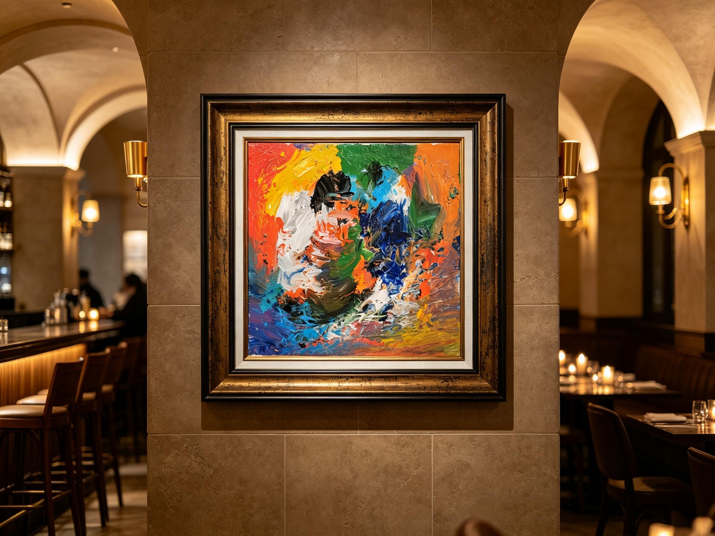 Abstract oil painting with gestural strokes of red, yellow, green, and blue in irregular color fields