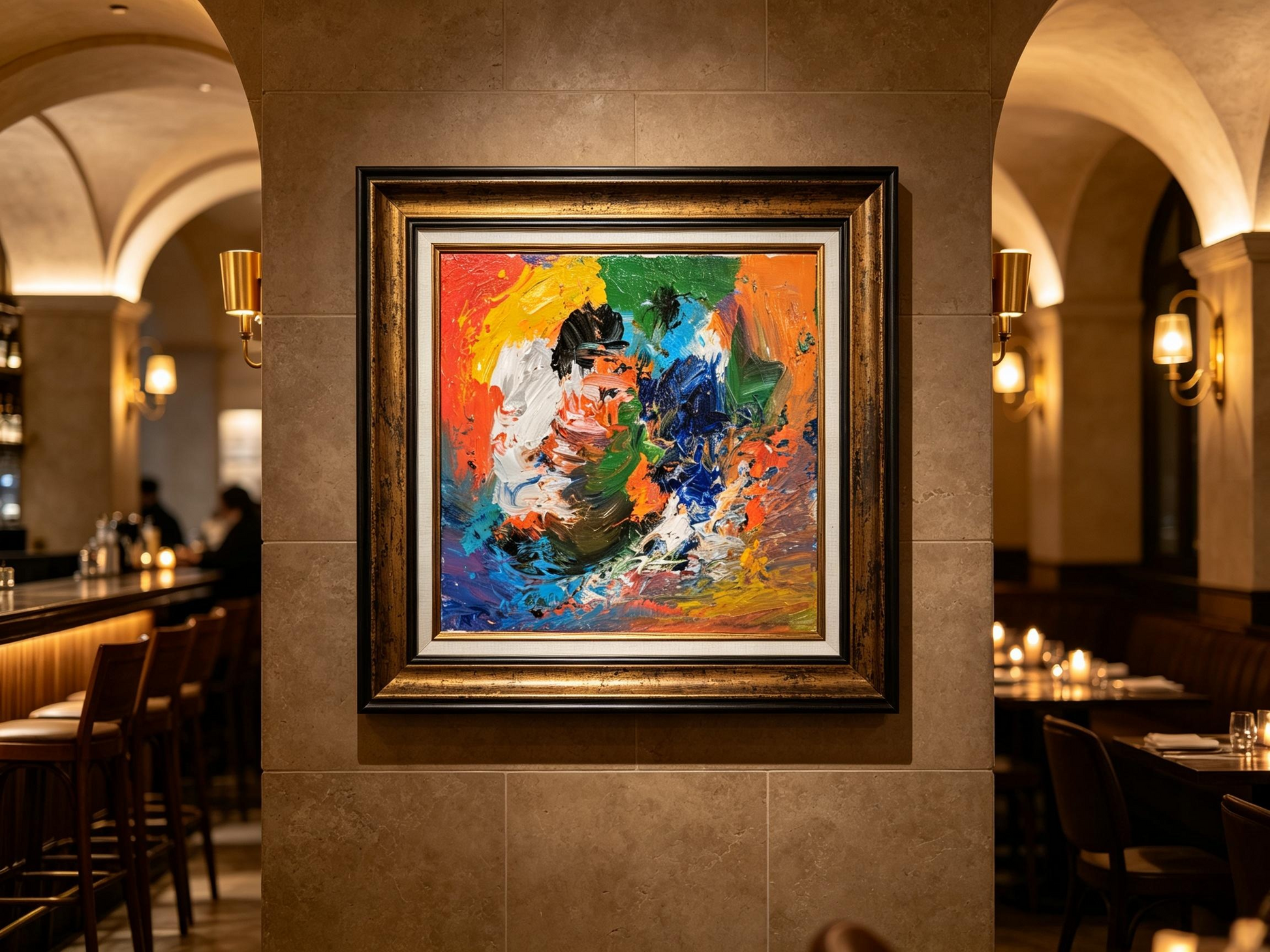 Abstract oil painting with gestural strokes of red, yellow, green, and blue in irregular color fields