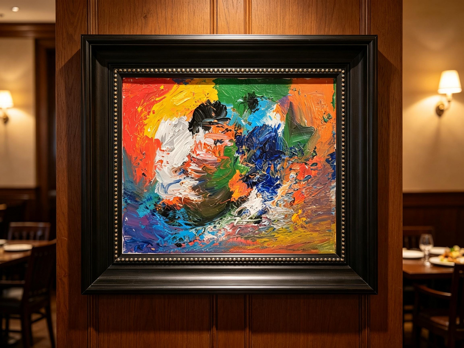 Abstract oil painting with gestural strokes of red, yellow, green, and blue in irregular color fields