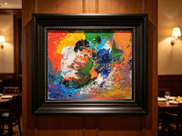 Abstract oil painting with gestural strokes of red, yellow, green, and blue in irregular color fields