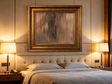 Abstract oil painting with vertical strokes in layered browns, grays, and muted reds
