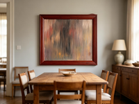 Abstract oil painting with vertical strokes in layered browns, grays, and muted reds