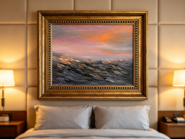 Abstract oil painting with layered vertical strokes in earthy browns and grays