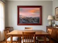 Abstract oil painting with layered vertical strokes in earthy browns and grays