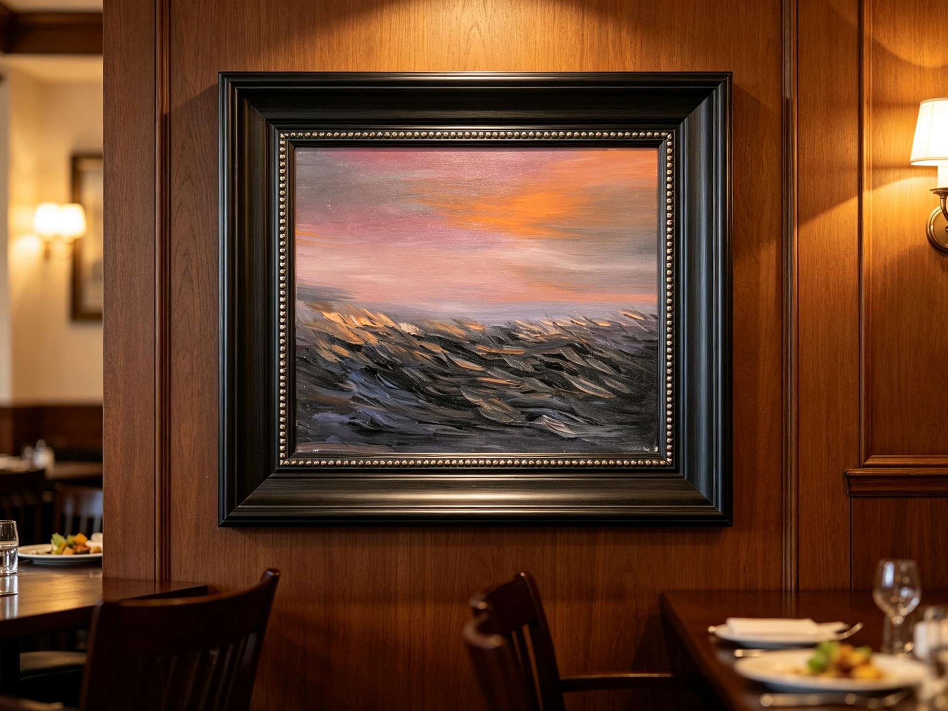 Abstract oil painting with layered vertical strokes in earthy browns and grays