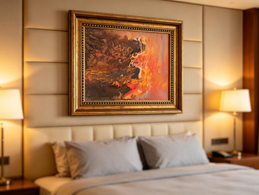 Abstract oil painting with dark brown textured strokes on left and warm orange coral gradient on right
