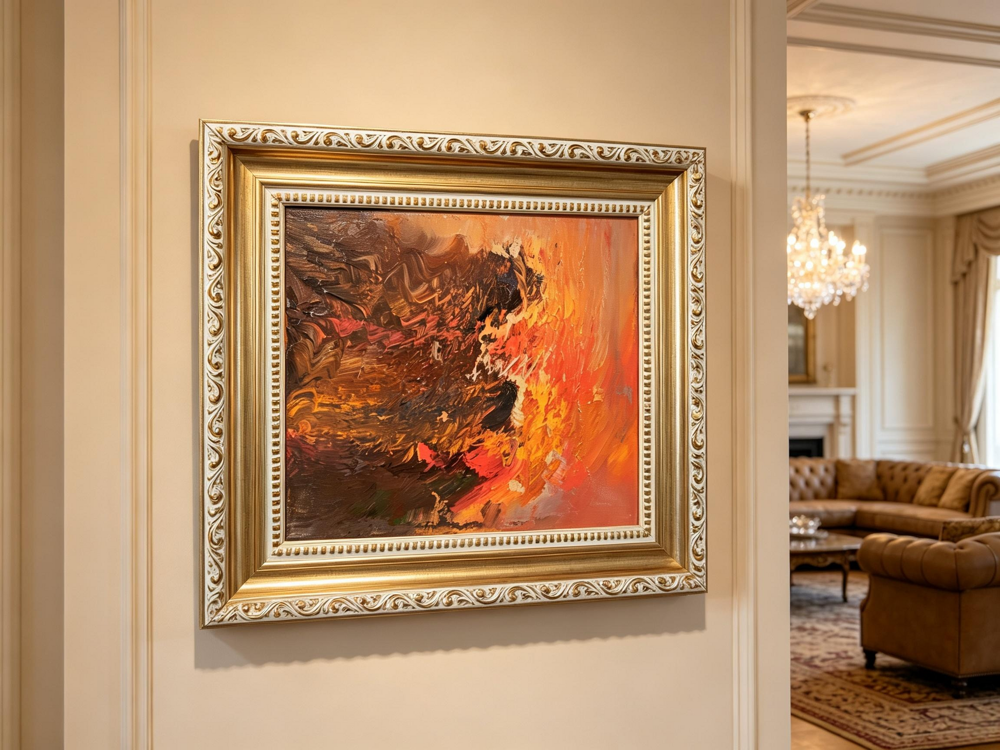 Abstract oil painting with dark brown textured strokes on left and warm orange coral gradient on right