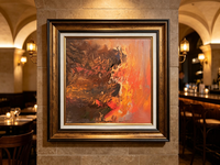 Abstract oil painting with dark brown textured strokes on left and warm orange coral gradient on right