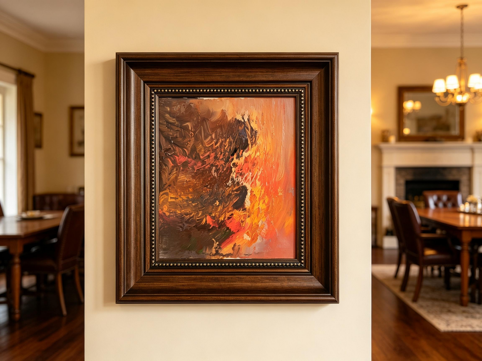 Abstract oil painting with dark brown textured strokes on left and warm orange coral gradient on right