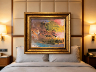 Soft abstract oil painting with blended pink, lavender, olive green, and yellow tones creating dreamy effect