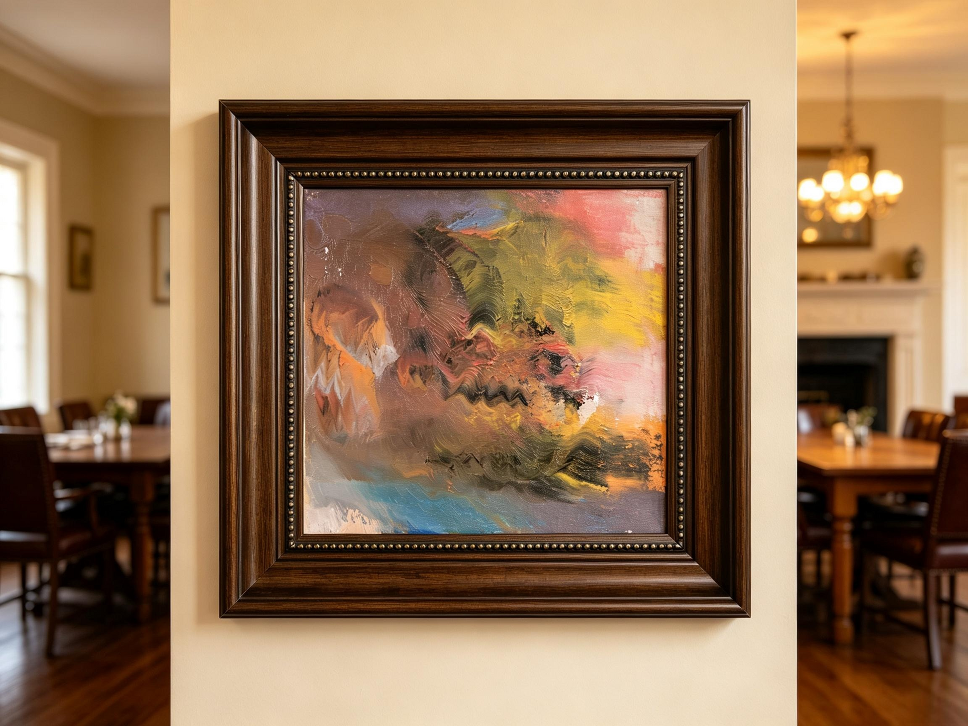 Soft abstract oil painting with blended pink, lavender, olive green, and yellow tones creating dreamy effect