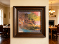 Soft abstract oil painting with blended pink, lavender, olive green, and yellow tones creating dreamy effect