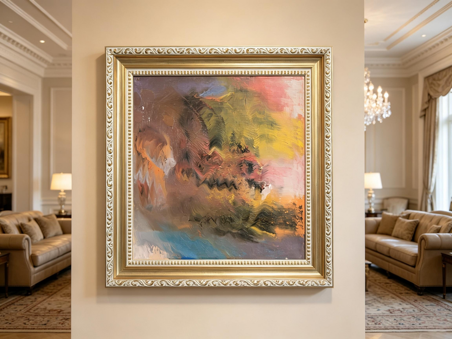 Soft abstract oil painting with blended pink, lavender, olive green, and yellow tones creating dreamy effect