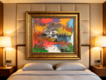 Vibrant abstract oil painting with bold multicolor fan-shaped strokes and central gray-white flow