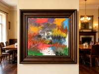 Vibrant abstract oil painting with bold multicolor fan-shaped strokes and central gray-white flow
