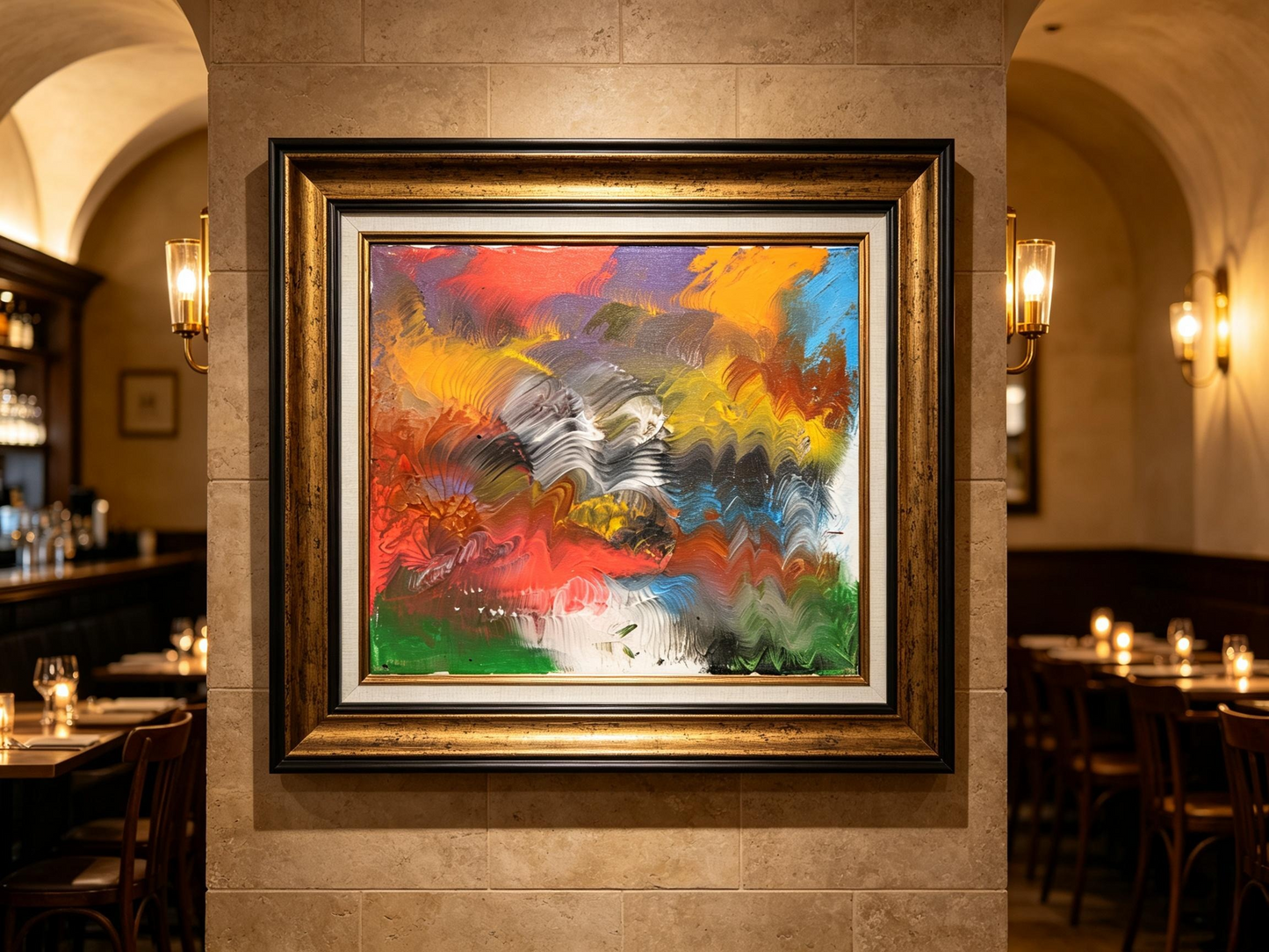Vibrant abstract oil painting with bold multicolor fan-shaped strokes and central gray-white flow