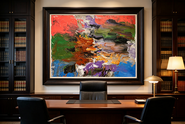 Abstract oil painting with thick textured color blocks in coral, green, orange, purple, and blue