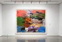 Abstract oil painting with thick textured color blocks in coral, green, orange, purple, and blue