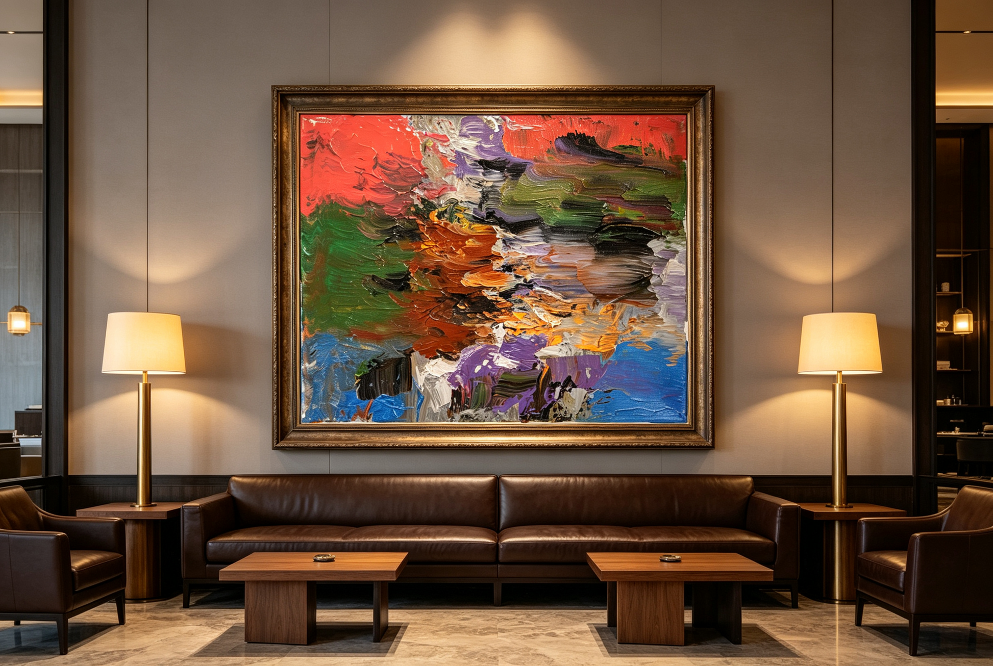 Abstract oil painting with thick textured color blocks in coral, green, orange, purple, and blue