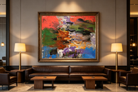 Abstract oil painting with thick textured color blocks in coral, green, orange, purple, and blue
