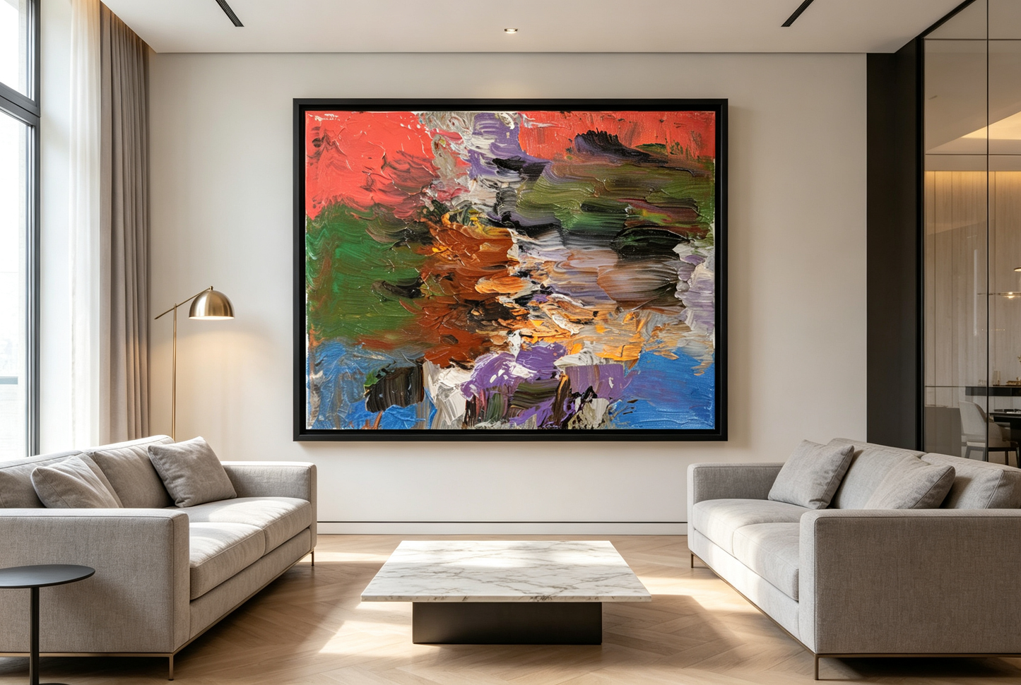 Abstract oil painting with thick textured color blocks in coral, green, orange, purple, and blue