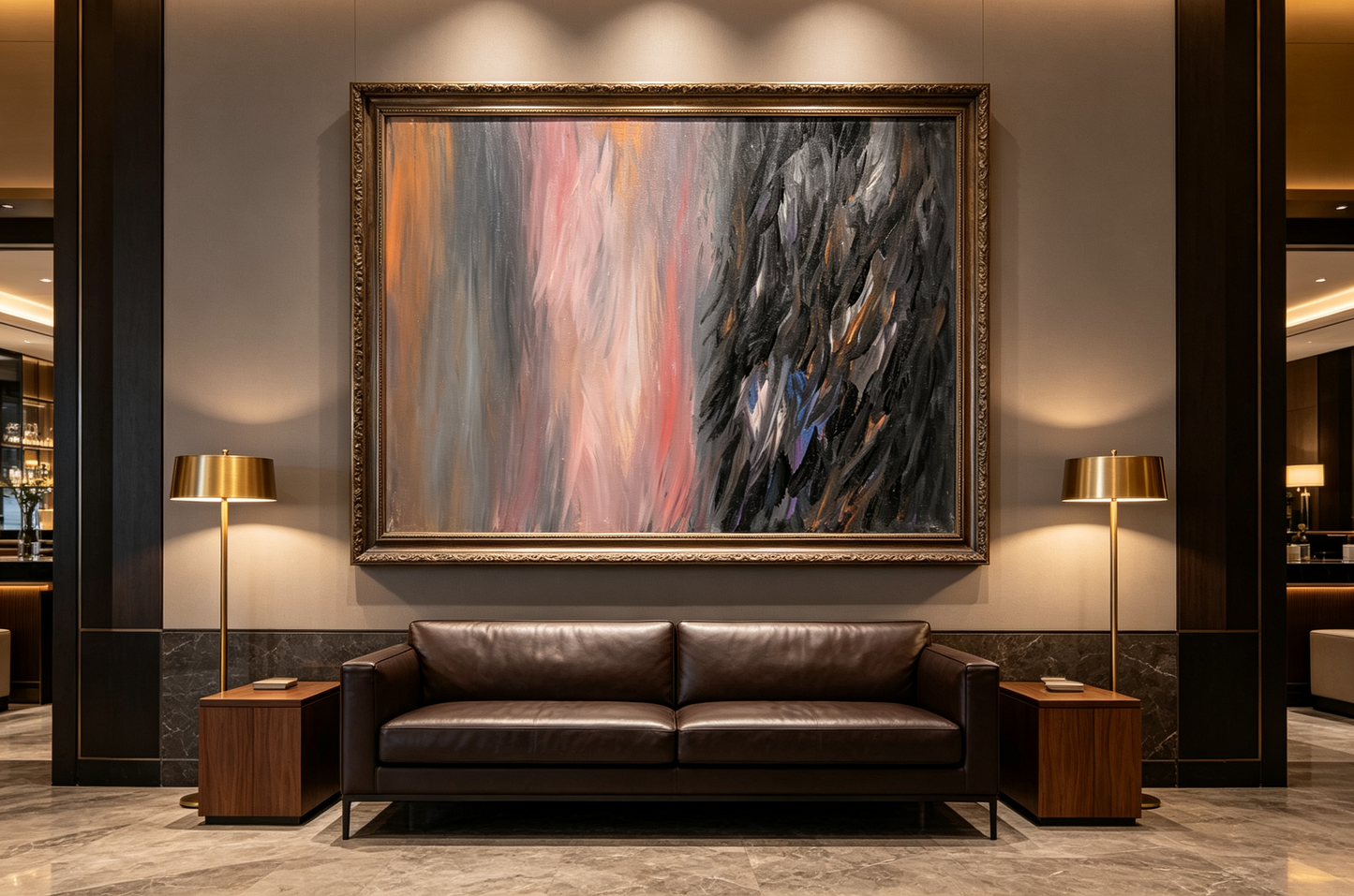 Abstract oil painting with soft pink gray gradient on left and dark diagonal strokes on right with blue accents