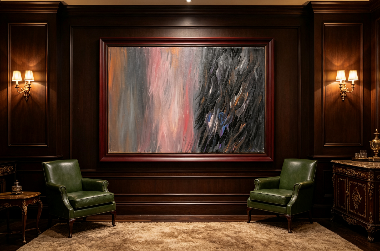 Abstract oil painting with soft pink gray gradient on left and dark diagonal strokes on right with blue accents