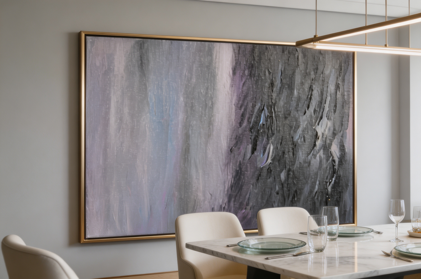 Abstract oil painting with soft grey vertical strokes and heavy charcoal diagonal texture