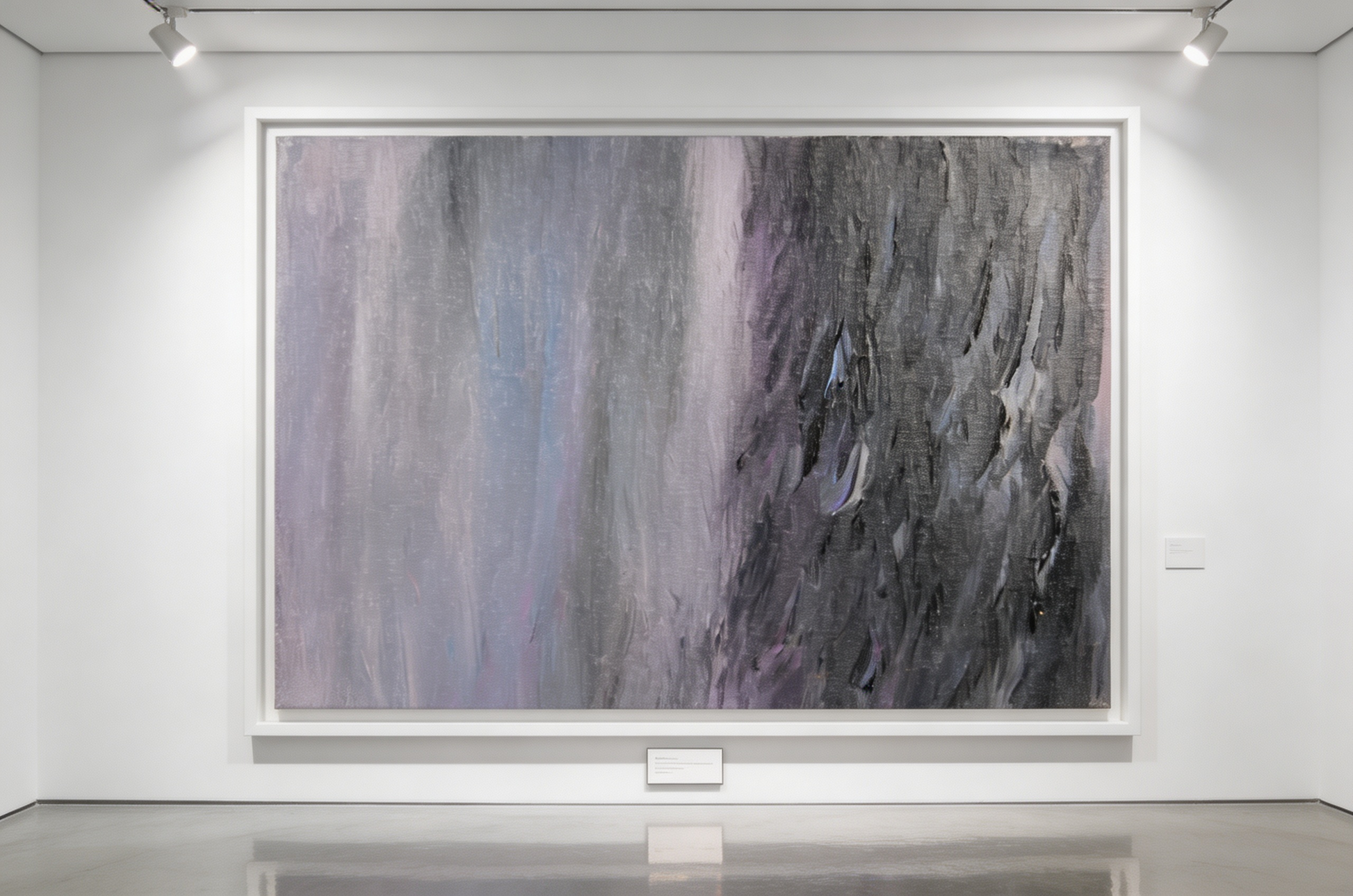 Abstract oil painting with soft grey vertical strokes and heavy charcoal diagonal texture